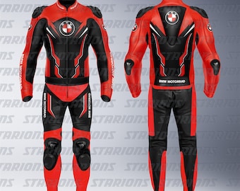Traje de cuero rojo y negro para motociclismo de competición BMW Motorrad, diseño personalizado disponible.