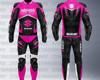 Suzuki GSX-R Pink Motorcycle Racing Leather Suit, Custom Design Available
