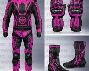 Custom Kawasaki Ninja Venom Pink Leather Motorcycle Racing Suit, Gloves & Boots Set