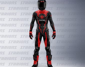 Suzuki GSXR 750 Motorcycle Racing Black and Red Leather Suit: Custom Design Available