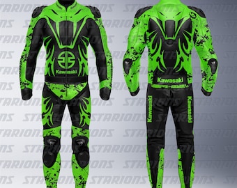 Kawasaki Ninja Venom Fluorescent Green Motorcycle Racing Leather Suit: Custom Design Available