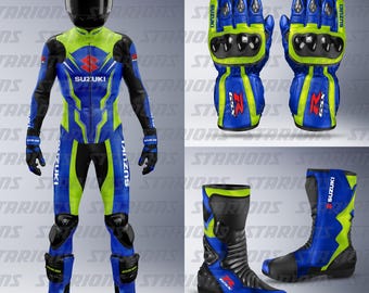 Custom Blue Suzuki GSX-R Leather Motorcycle Racing Suit, Gloves & Boots Set