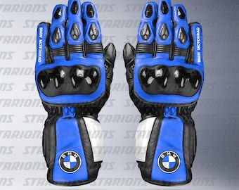 BMW Blue Leather Motorcycle Racing Gloves, Custom Design