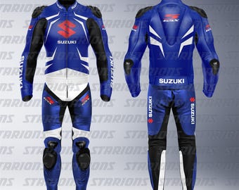 Suzuki GSX-S Blue Motorcycle Racing Leather Suit, Custom Design Available