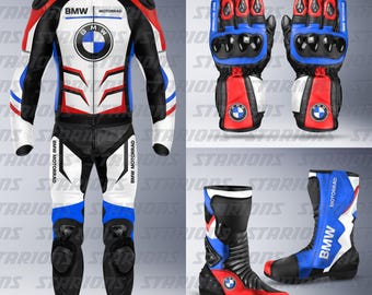 Conjunto de traje, guantes y botas de cuero para motocicleta BMW Motorrad. Diseño personalizado disponible.