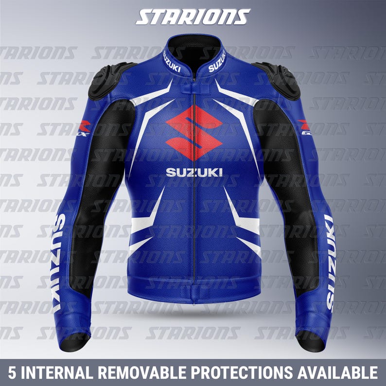May include: A blue and black motorcycle jacket with white accents and the Suzuki logo. The jacket has the word "SUZUKI" printed on the sleeves and collar. The text "5 INTERNAL REMOVABLE PROTECTIONS AVAILABLE" is at the bottom.