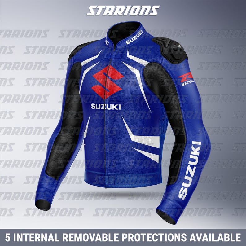 May include: Blue and black motorcycle jacket with white accents and Suzuki branding. The jacket features a red Suzuki logo on the chest and the text "SUZUKI" on the sleeves. The image also includes the text "5 INTERNAL REMOVABLE PROTECTIONS AVAILABLE".