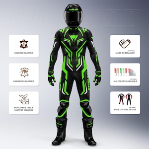 May include: A black motorcycle racing suit featuring vibrant neon green geometric patterns, a matching black helmet with a dark visor, and black protective boots. The suit displays the brand name RIVALION on the chest, arms, and boots.