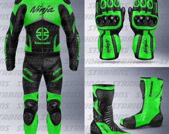 Komplet skórzanych kombinezonów motocyklowych, rękawic i butów Kawasaki Ninja Filurocent Green