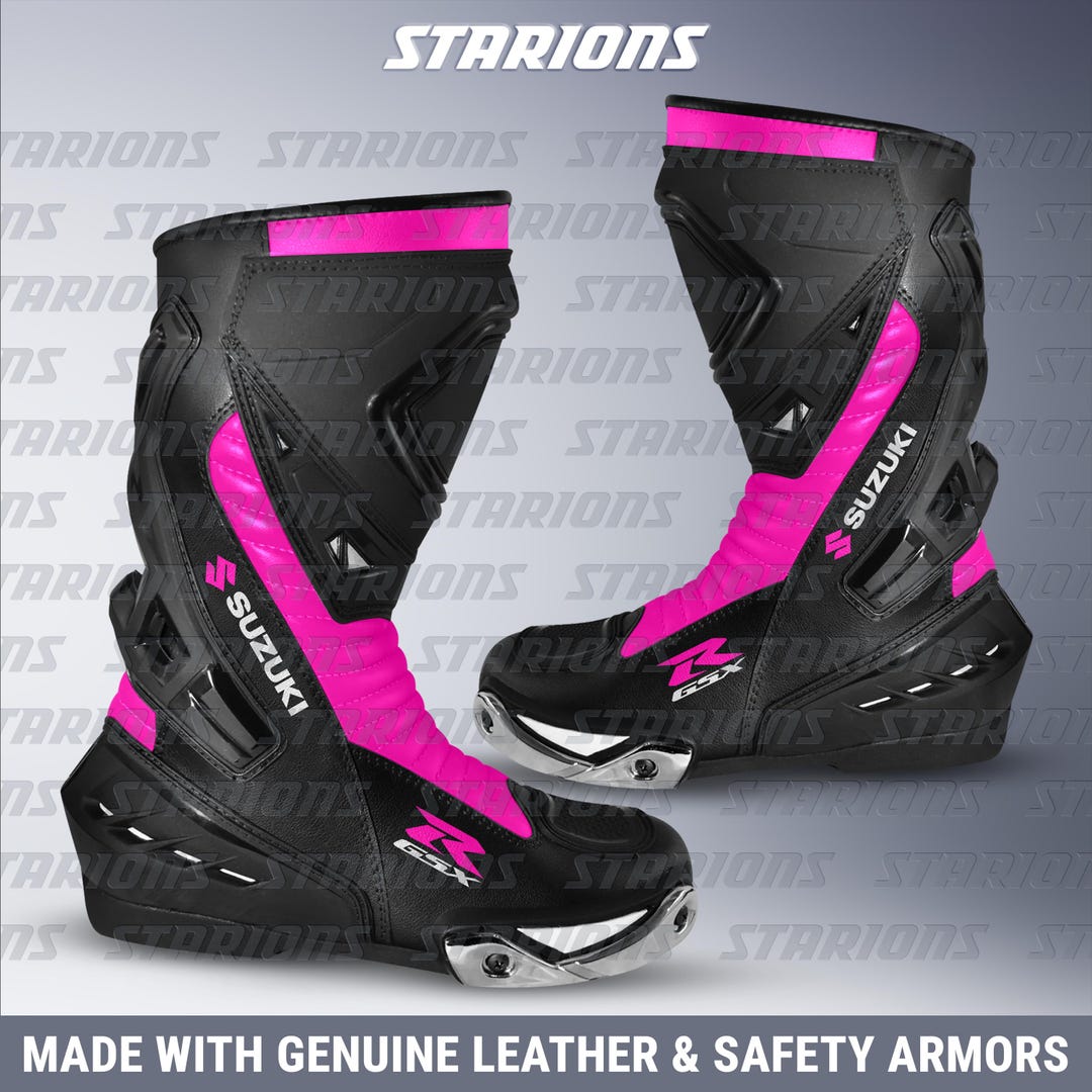 Pink Racing Boots Suzuki GSX-R Pink Leather Motorcycle Racing Boots, Custom Design ...