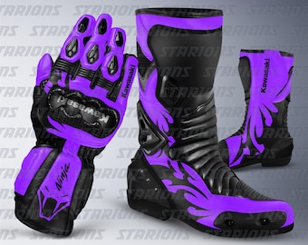 Guantes y botas de moto de competición Kawasaki Ninja Venom de cuero morado con protección - Diseño personalizado disponible