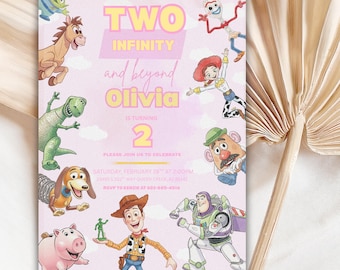 May include: A rectangular birthday invitation card with a light pink background featuring white clouds and various cartoon characters. The text reads: TWO INFINITY and beyond Olivia IS TURNING 2 PLEASE JOIN US TO CELEBRATE SATURDAY, FEBRUARY 28TH AT 2:00PM.