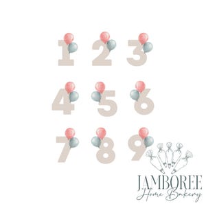 Peut inclure: Neuf chiffres beiges, chacun orné d'un groupe de ballons roses et bleus. Les chiffres sont disposés en grille, avec le logo "Jamboree Home Bakery" en bas à droite.