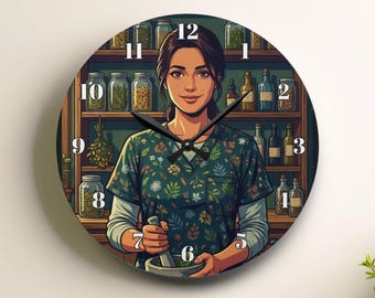 Modern Nurse Making Herbal Remedies Analog Wall Clock, Standard Numeral Clock, Herbal Healer Gift, Nurse Appreciation Gift, Home Decor