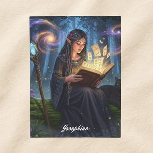 The Librarian of the Enchanted Woods, Mystical Forest Nymph Blanket, Witch with Familiar Cat, Celestial Fantasy Home Decor, Velveteen Throw