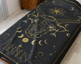Taurus Velveteen Zodiac Blanket, Horoscope Sign on Cozy Astrology Throw, Mystical Star Sign Gift, Tarot Card Room Decor, Soft Plush Blanket