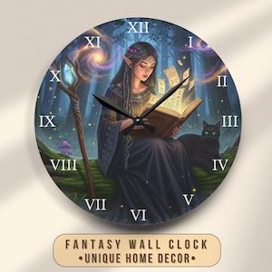 The Librarian of the Enchanted Woods Wall Clock, Mystical Forest Witch Magic Clock with Familiar Cat, Celestial Fantasy Home Decor