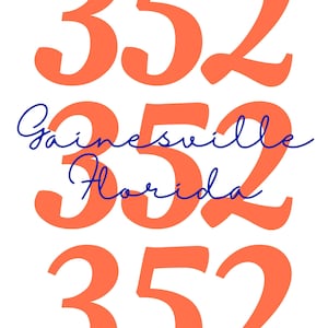 Könnte beinhalten: Weißer Hintergrund mit dreifacher Wiederholung der Zahl "352" in leuchtendem Orange. Die Wörter "Gainesville Florida" sind in blauer Schreibschrift zwischen den Zahlen geschrieben.