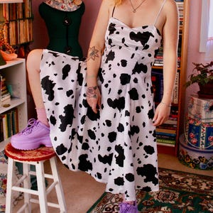 29&quot; B&W Cowprint Satin Spaghetti Strap Midi Dress