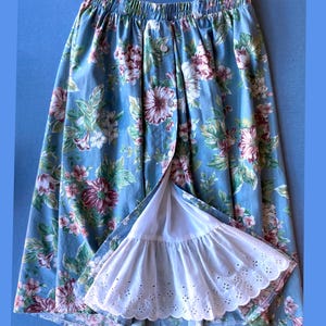 80s Blue Floral Button Up Skirt with Petticoat, Elastic Waist, Medium