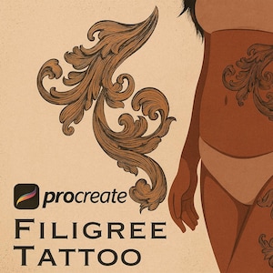 May include: Illustration of a filigree tattoo design in brown and black. The design is displayed on a person's torso and thigh, with a separate design to the left. The image includes the text "procreate FILIGREE TATTOO".