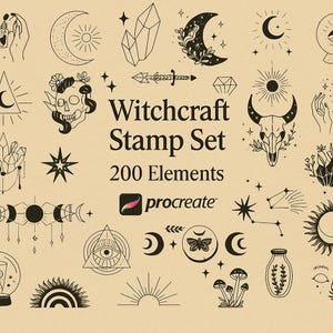 Op de afbeelding: Een verzameling zwarte lijntekeningen op een beige achtergrond. De afbeelding bevat hemellichamen, kristallen, schedels en andere mystieke symbolen. Tekst luidt "Witchcraft Stamp Set" met "200 Elements" en een Procreate-logo.