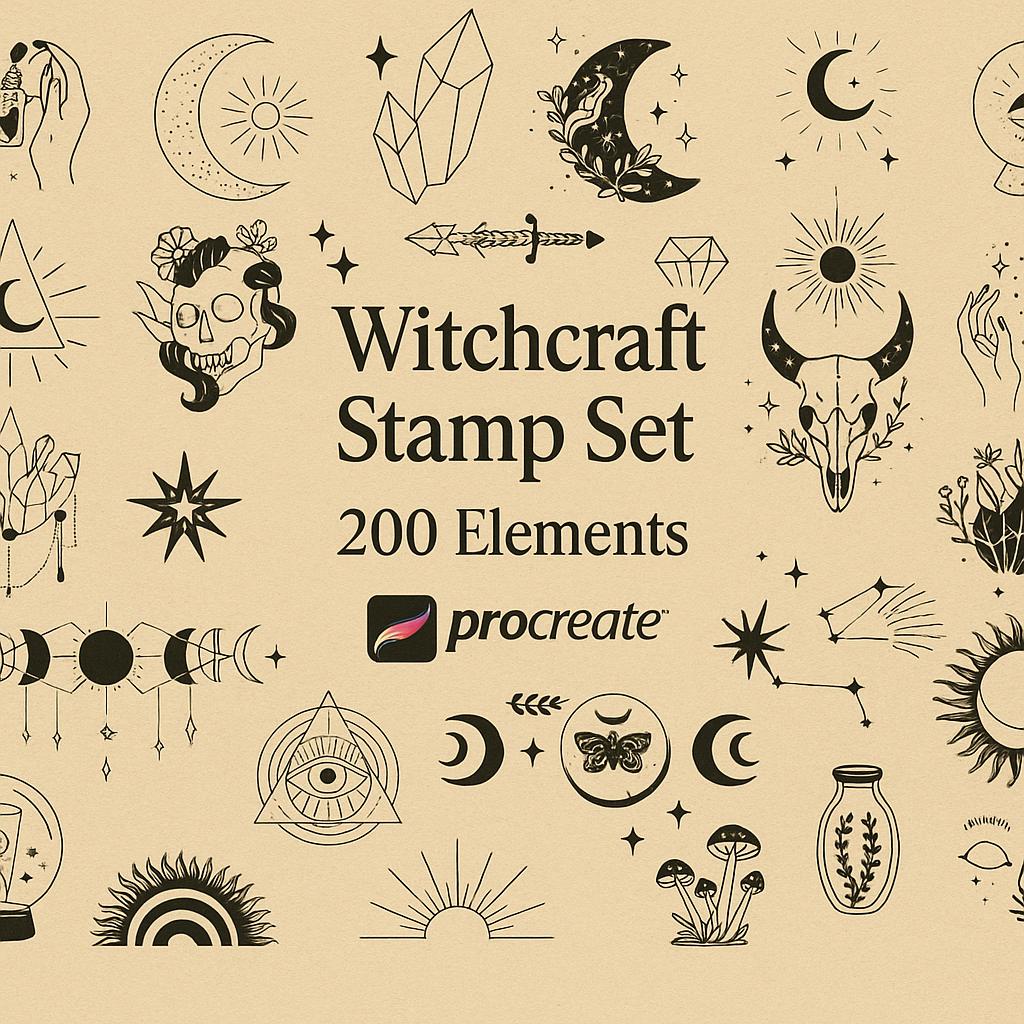 200 Witchcraft Procreate Stamps – Mystical Symbols, Moons, Hands, Crystals | iPad Brush Set by IOI DIGITAL INK