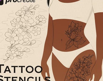 May include: Illustration of a person with floral tattoo stencils on their body. The image features a woman in white underwear and a top, with floral designs on the abdomen and thigh. The words "Tattoo Stencils" are at the bottom.