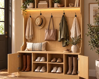 May include: A light oak entryway hall tree featuring an upper shelf with four cubbies, a middle section with four black hooks, and a lower bench with two open shelves and two side cabinets with fluted doors for shoe storage.