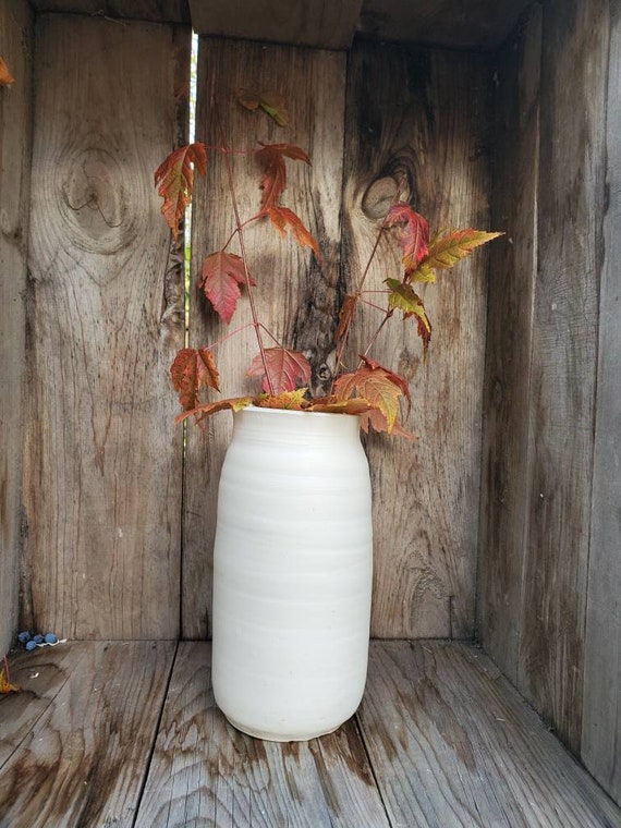 Pottery Vase in white cylindrical 10 inches tall clean modern  wedding gift ooak home decor accent