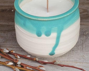 Pottery  soy candle beachcomber with seaglass and reusable candle bowl in turquoise and white wooden wick for crackle holds 8 ounces