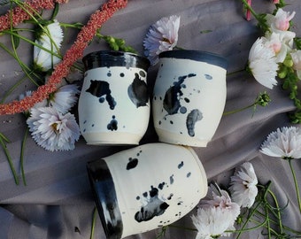 Pottery handmade  wine tumblers stemless goblets in black and white hold 6 ounces wedding gift Mothers Day