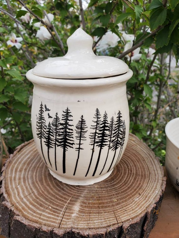 Pottery Handmade Lidded Cookie Jar in Nature Series of Woods or Mountain in  Black Snd White 7 Inches Tall Gift Housewarming Home Decor 
