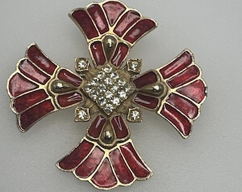 Broche de cruz de Malta de Weiss con esmalte rojo dorado y diamantes de imitación transparentes