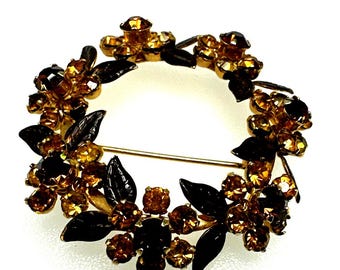 Flower Wreath Brooch Gold And Brown Rhinestones With Brown Enamel Leaves