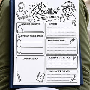 May include: A white paper sheet titled Bible Detective Sermon Notes with black line art illustrations of a detective, a magnifying glass, and a Bible. The template includes sections for main character, key verse, learning points, and sermon drawings.
