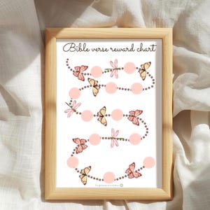 Könnte beinhalten: Ein gerahmtes Bibelvers-Belohnungsdiagramm mit einem hellen Holzrahmen. Das Diagramm hat einen weißen Hintergrund mit einem gepunkteten Linienpfad, rosa Kreisen und Illustrationen von Schmetterlingen und Libellen. Der Text "Bible verse reward chart" steht oben.