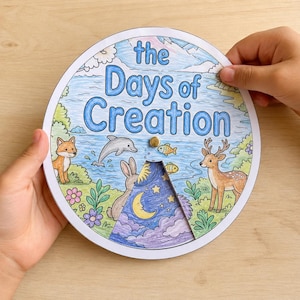 Puede incluir: Una manualidad de papel circular titulada The Days of Creation con una rueda giratoria. La ilustración muestra un paisaje colorido con un zorro, un delfín, un ciervo y peces. Una sección recortada revela un cielo nocturno con luna y estrellas.