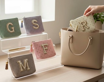 Mini Monogram Makeup Coin Pouch For Woman Pearl Personalized Letters Travel Accessory Bridesmaid Gift Wedding Favor Baptism Gift For Girl