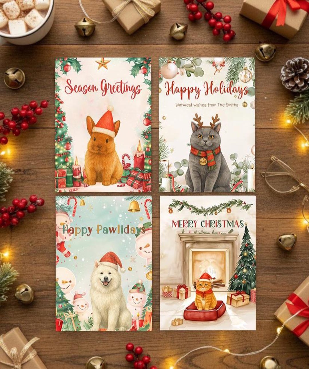 Custom Pet Christmas Card – Watercolor Dog Cat Portrait Holiday Card ...