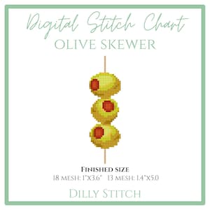 May include: Digital stitch chart featuring an olive skewer design. The image shows three green olives with red centers on a wooden skewer. The finished size is 1 inch by 3.6 inches (18 mesh) and 1.4 inches by 5.0 inches (13 mesh).