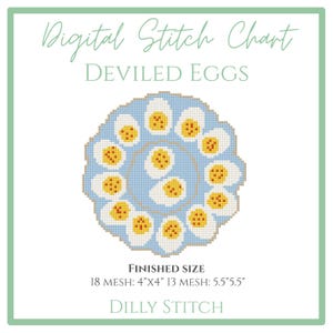 May include: A digital stitch chart with a deviled eggs design. The image shows a light blue plate with egg halves arranged in a circle. The text "Digital Stitch Chart" and "Deviled Eggs" are at the top. The finished size is 10cm x 10cm and 14cm x 14cm.