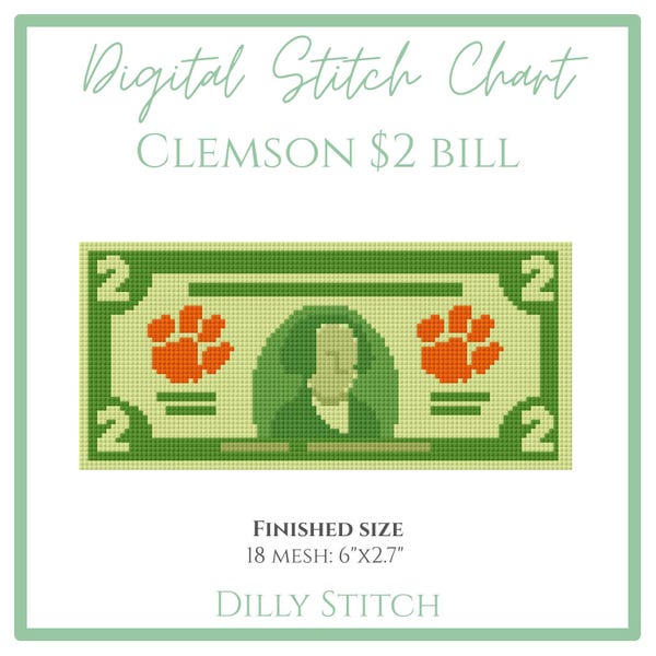 Clemson 2 Dollar Bill- Digitale Stichvorlage