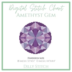 Op de afbeelding: Een digitale steekkaart met een amethist edelsteen ontwerp. De afbeelding toont een cirkelvormig patroon in paarse tinten. Tekst omvat "Digital Stitch Chart" en "AMETHYST GEM". Afmetingen: 7,9 cm x 7,9 cm of 11,2 cm x 11,2 cm.