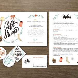 Holiday Gift Swap Kit with Invitation, Stickers, Rules, Voting Ballots, and Favor Tags - Editable Instant Digital Download PDF