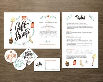 Holiday Gift Swap Kit with Invitation, Stickers, Rules, Voting Ballots, and Favor Tags - Editable Instant Digital Download PDF