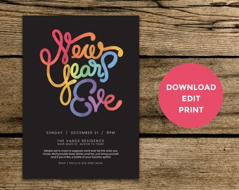 Editable New Years Eve Invitation - Neon Hand Drawn Typography - Instant PDF Download - Download, Edit, Print