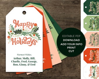 Editable Happy Holiday Gift Tags with Floral and Hand Lettering - Instant PDF Digital Download