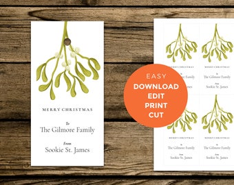 Editable Holiday Gift Tags - Mistletoe Botanical - Instant PDF Download - Download, Edit, Print, and Cut