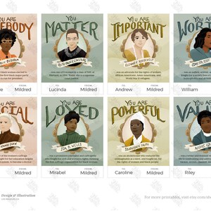 May include: Eight illustrated cards with portraits of notable women, each with a quote and the words "You Are" followed by a positive affirmation. The cards are in a grid format with a light green background and a light pink border. The text "To" and "From" are at the bottom of each card.